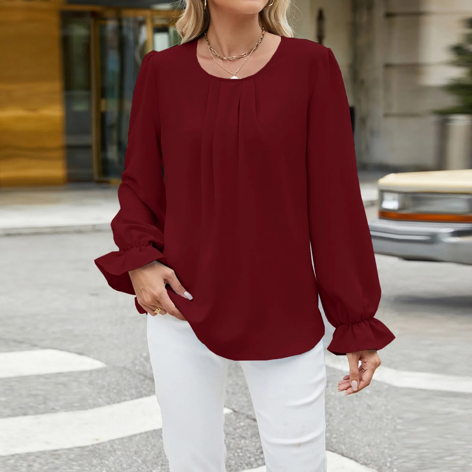 

Solid Shirring Lantern Long Sleeve Folds Chiffon T-shirt Fashion Casual Loose Tops Women's Spring Autumn Pullover Round Neck