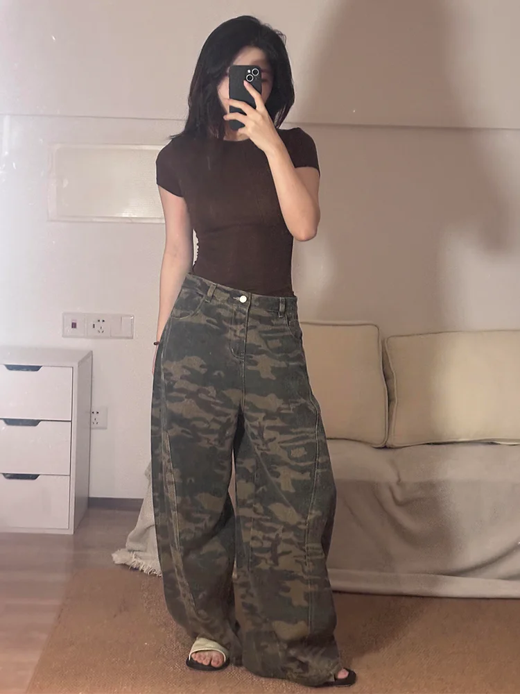 

High Waist Wide Leg Workwear Jeans Women's Loose High Street Spicy Versatile Camouflage Design Casual Denim Pants