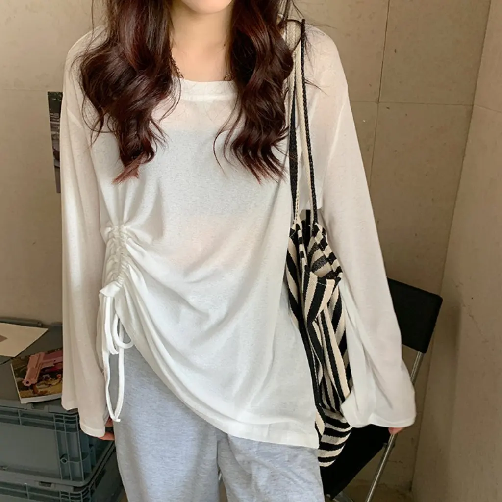 

Women's Summer Ice Silk Pullover Long-Sleeved T-Shirt Breathable Sun-Protective Drawstring Pleated Korean Style Loose Top