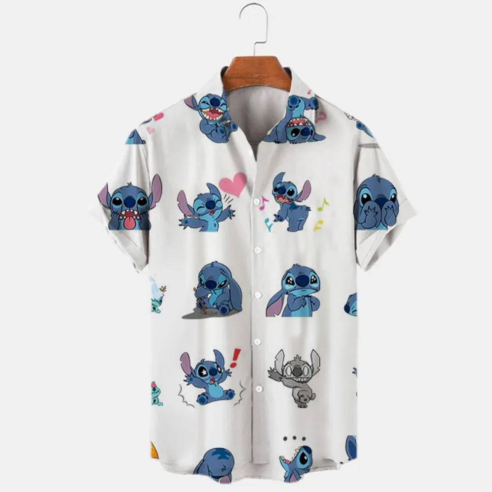 New Summer 2024 Disney Winnie The Pooh And Stitch Brand Cartoon Casual 3D Printed Short Sleeve Lapel Shirt Slim Fit Men\'s Top