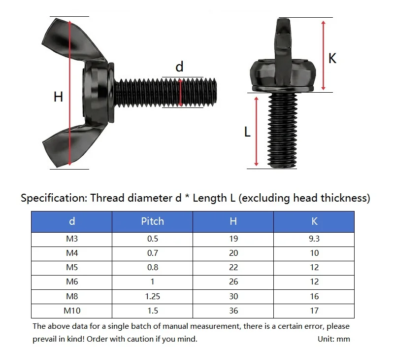 M3 M4 M5 M6 M8 M10 Black 304 Stainless Steel Butterfly Bolt Wing Thumb Screws Claw Hand Tighten Screw