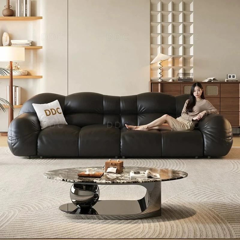 x*-Minimalist Low Profile Cloud Real Leather Sofa Full Grain Black Cowhide Straight Sectional with Wrap-Around Wide Armrest