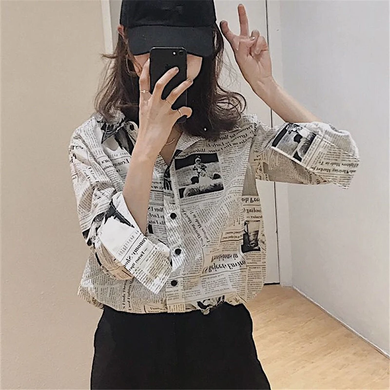 Gidyq Fashion Women Chiffon Shirts Korean Casual Newspaper Print Female Loose Tops Bf Streetwear All Match Shirts