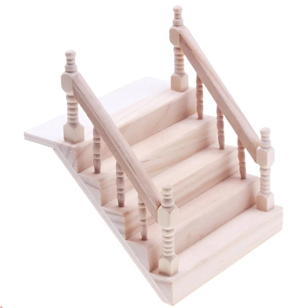 เฟอร์นิเจอร์บ้านมินิไม้ Handrail บันไดฉากขนาดเล็กขั้นตอนรุ่น Dollhouses บันได DIY