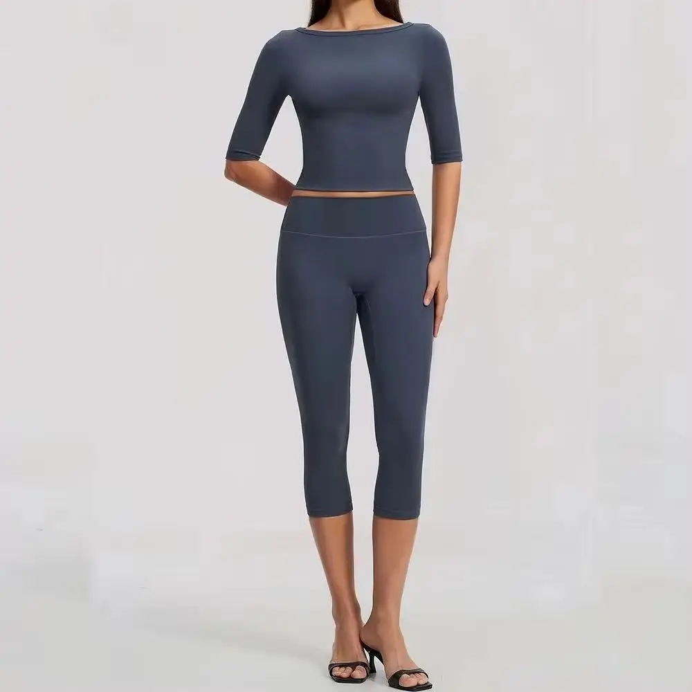 Women Yoga Set 2 Piece Fitness Clothing Gym Suit Running Workout Tracksuit Boat Neck Mid Sleeve Crop Top High Waist Capri Pants