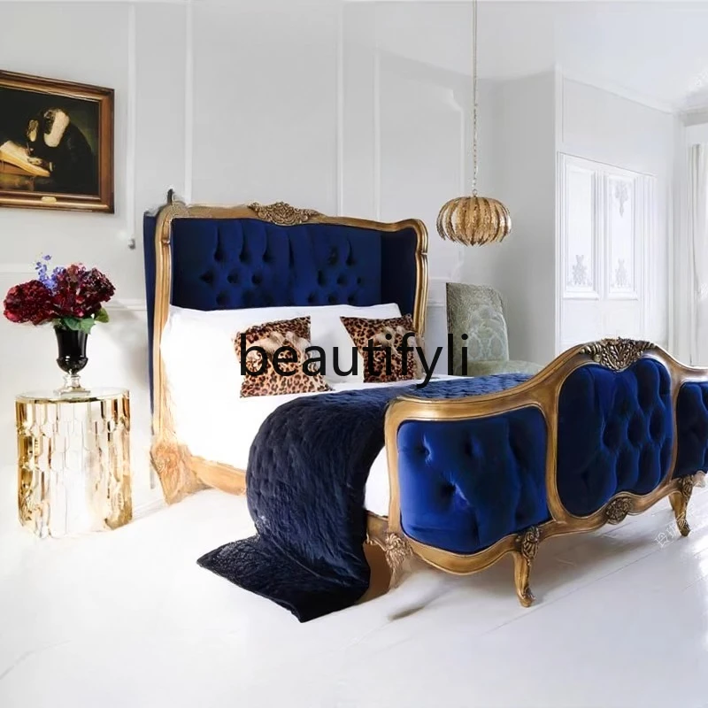 

Винтажная резная кровать из цельного дерева, двуспальная кровать с пуговицами из ткани в стиле ретро, кровать принцессы для главной спальни