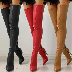 Botas de zíper lateral pontiagudas para mulheres, salto alto fino, sapato de plataforma grande sobre o joelho, outono e inverno