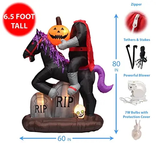 6.5 FT Tall Lighted Halloween Inflatable Headless Horseman with Horse