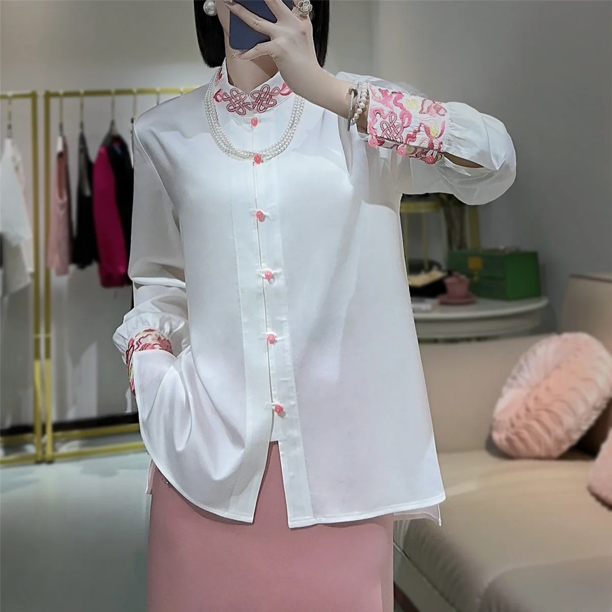 High-end Spring Summer Acetate Shirt Top New Embroidery Loose Soft Comfortable Blouse S-XXL