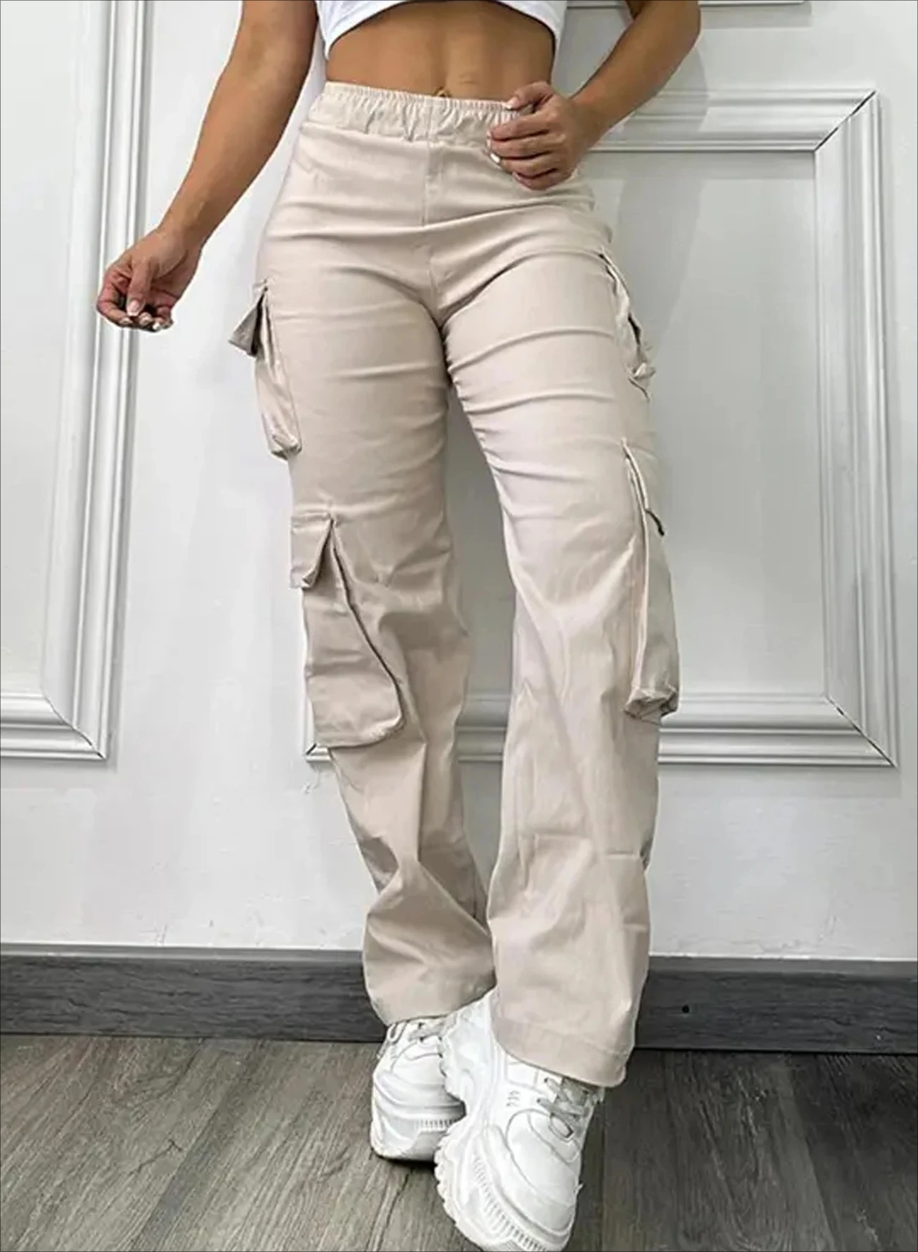 

Women Work Pants Fashion High Waist Elastic Solid Color with Pockets Casual Office Wide Leg Trousers for Ladies