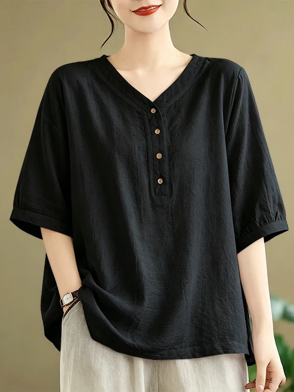 plus Size V-Neck Short Sleeve T-Shirt Women's Summer New Simple Match Loose Button Body Shirt Top Breathable Sweat Absorbent
