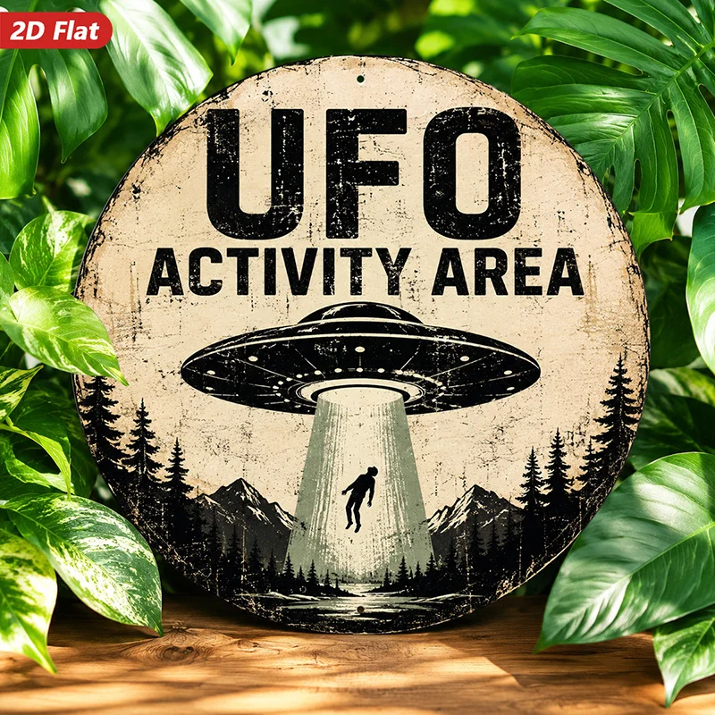 2D Flat, 1pc UFO Retro Sci Fi Round Metal Sign Wall Art, Ideal for Living Room Workspace Corner, Home Decor, UFO Over Mountain F