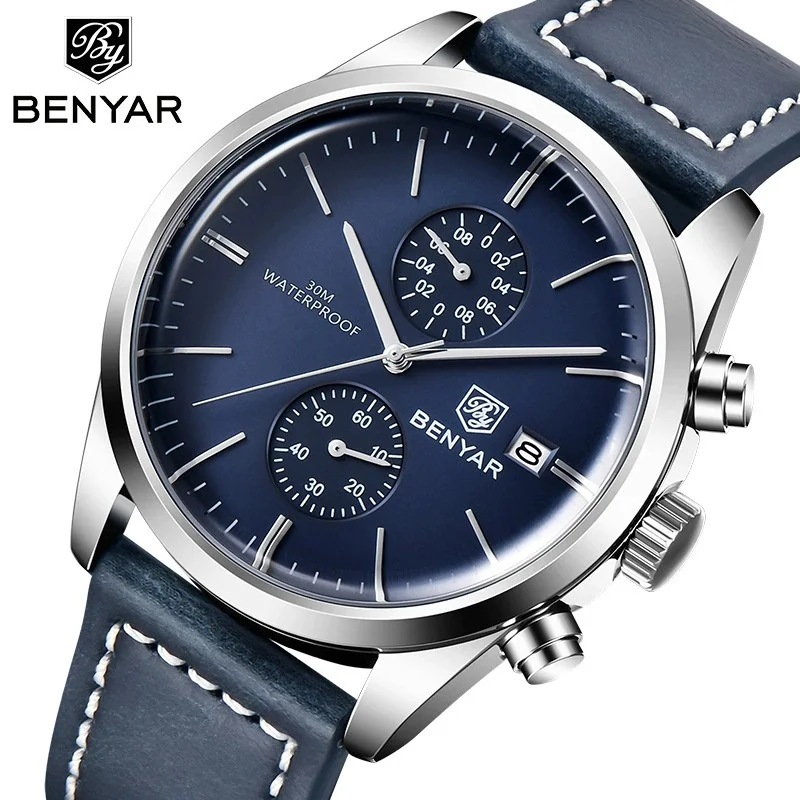 BENYAR 5187 Elegant Sports Men's Quartz Watch Luxury 100m Waterproof Chronograph Leather Military Clock Relojes Hombre