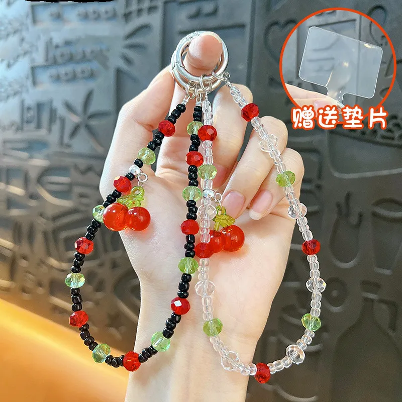 Korean Style Bling Cute Red Cherry Phone Chain Lanyard Charm Wrist Bead Hanging Cord Bracelet Keychain for Cell Phone