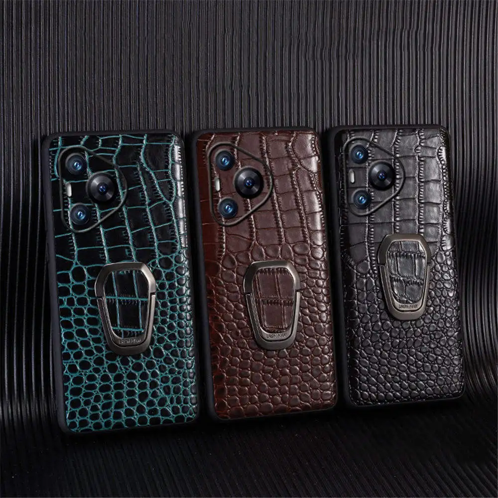 Genuine Cowhide Leather Crocodile Case For Huawei Pura 70 Pro Ultra P60 P50 P40 P30 Ring Bracket Cover