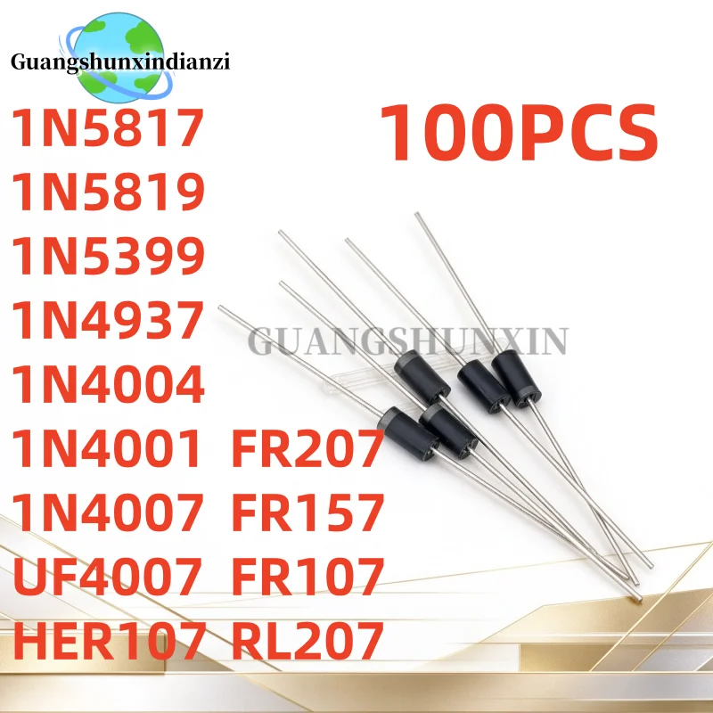 100pcs Schottky Rectifier Diode 1N5817 1N5819 1N5399 1N4937 1N4004 1N4001 1N4007 UF4007 HER107 FR207 FR157 FR107 RL207 DO-41