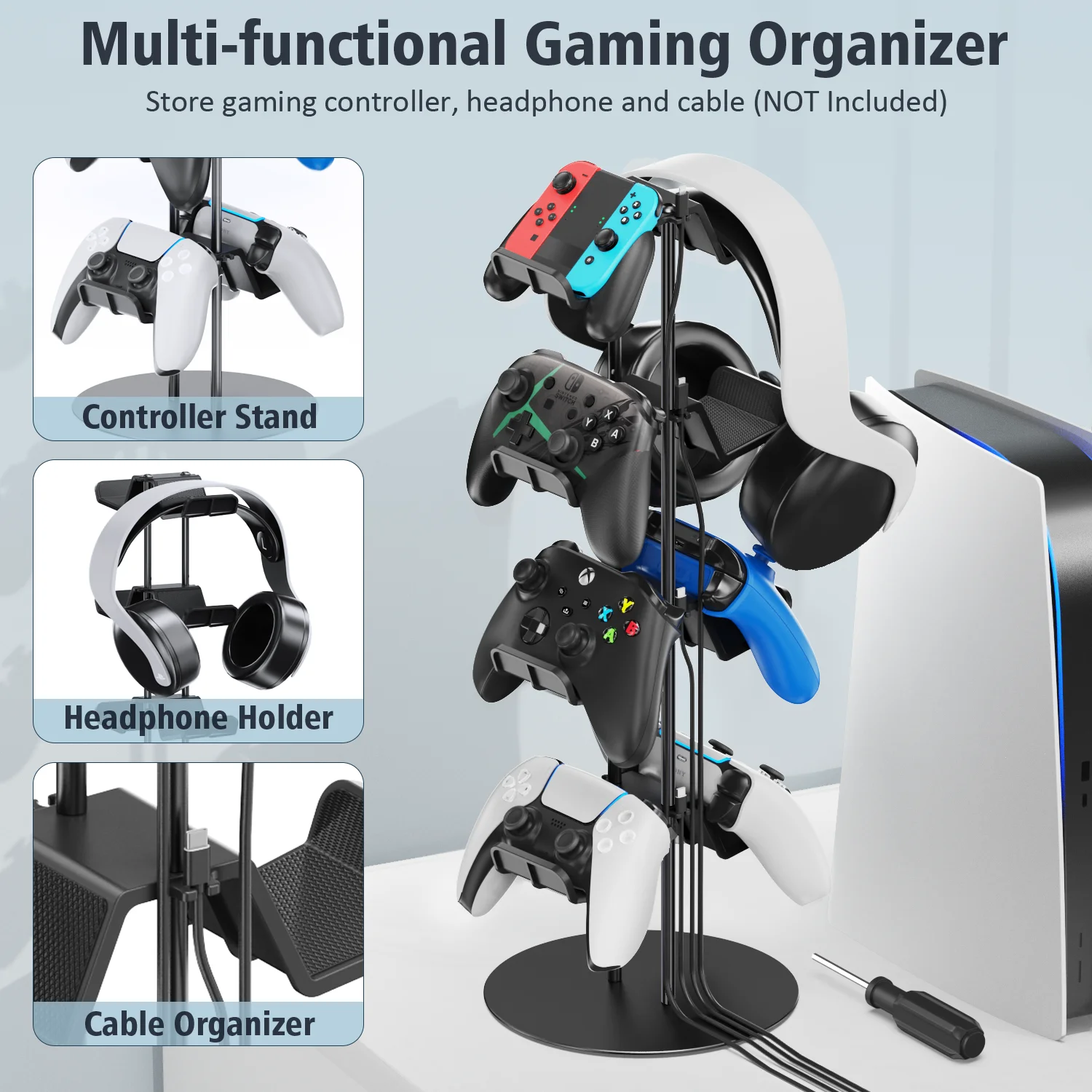 Imagem -02 - Suporte do Controlador Universal com Organizador de Cabos Suporte de Fone de Ouvido e Montagem de Mesa Camadas Controlador de Pacotes