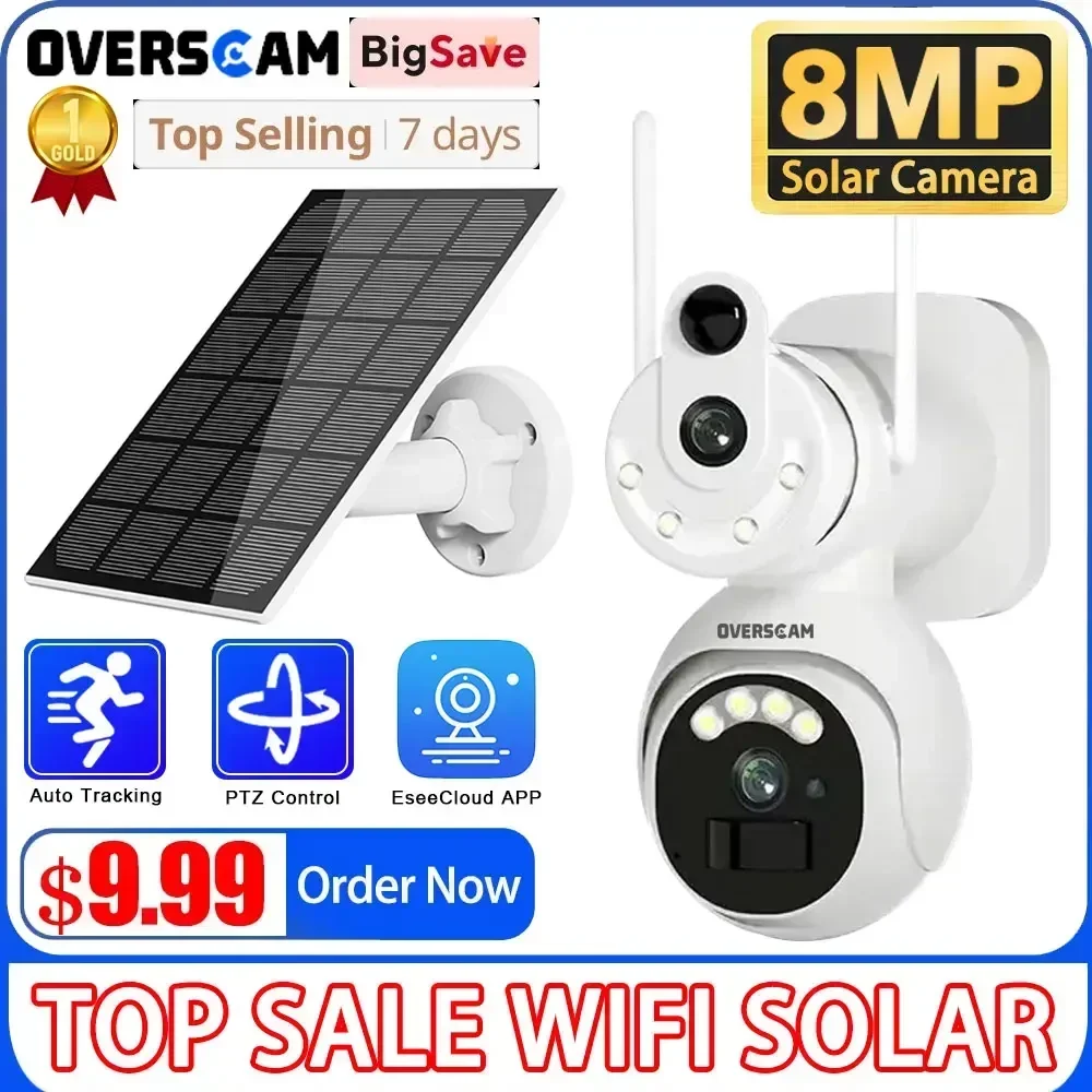 

4K 8MP Dual Lens Wifi Solar PTZ Camera Dual screens Outdoor WiFi Solar IP PTZ Camara Auto Track Battery CCTV Security EseeCloud