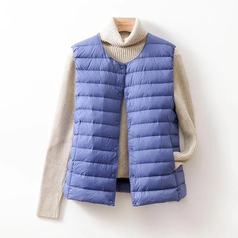 Doublure en duvet sans col pour femme, col en V en émail, veste chaude légère, gilet à col rond, automne et hiver, nouveau