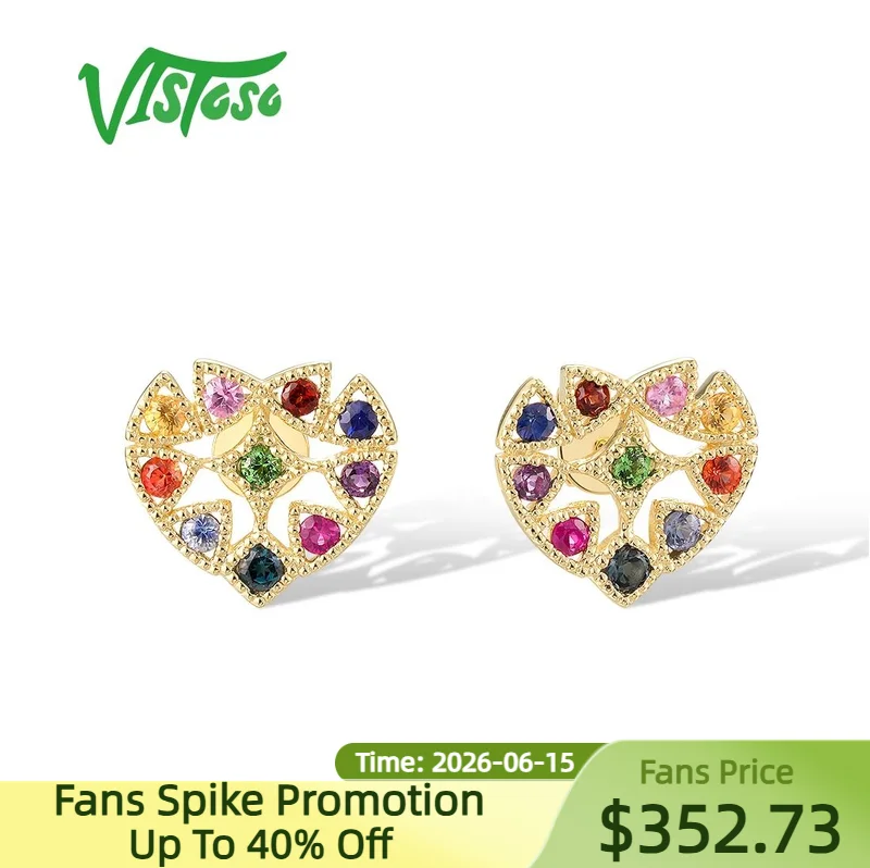 

VISTOSO Real 14K 585 Yellow Gold Stud Earrings For Women Sparkling Colorful Gems Cute Heart Wedding Gifts Fine Jewelry