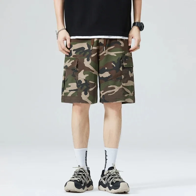 Men's Summer Pockets Geometric Camouflage Solid Elastic and High Waisted Sports Loose Casual Trousers Vintage Vacation Shorts