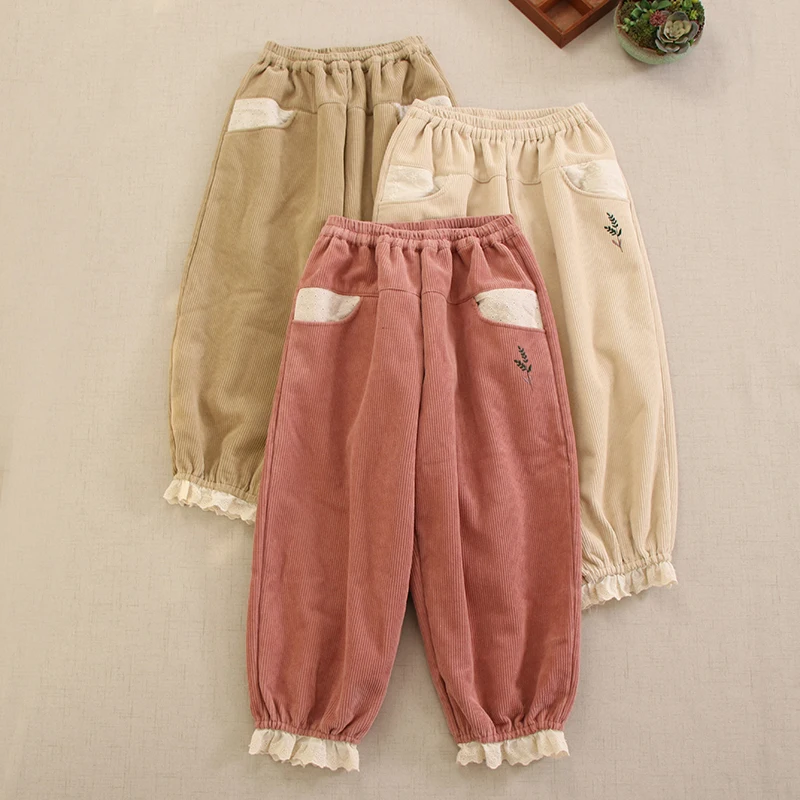 

Winter New Japanese Mori Girl Vintage Embroidery Corduroy Harem Pants Women Elastic Waist Casual Loose Thicken Fleece Pants