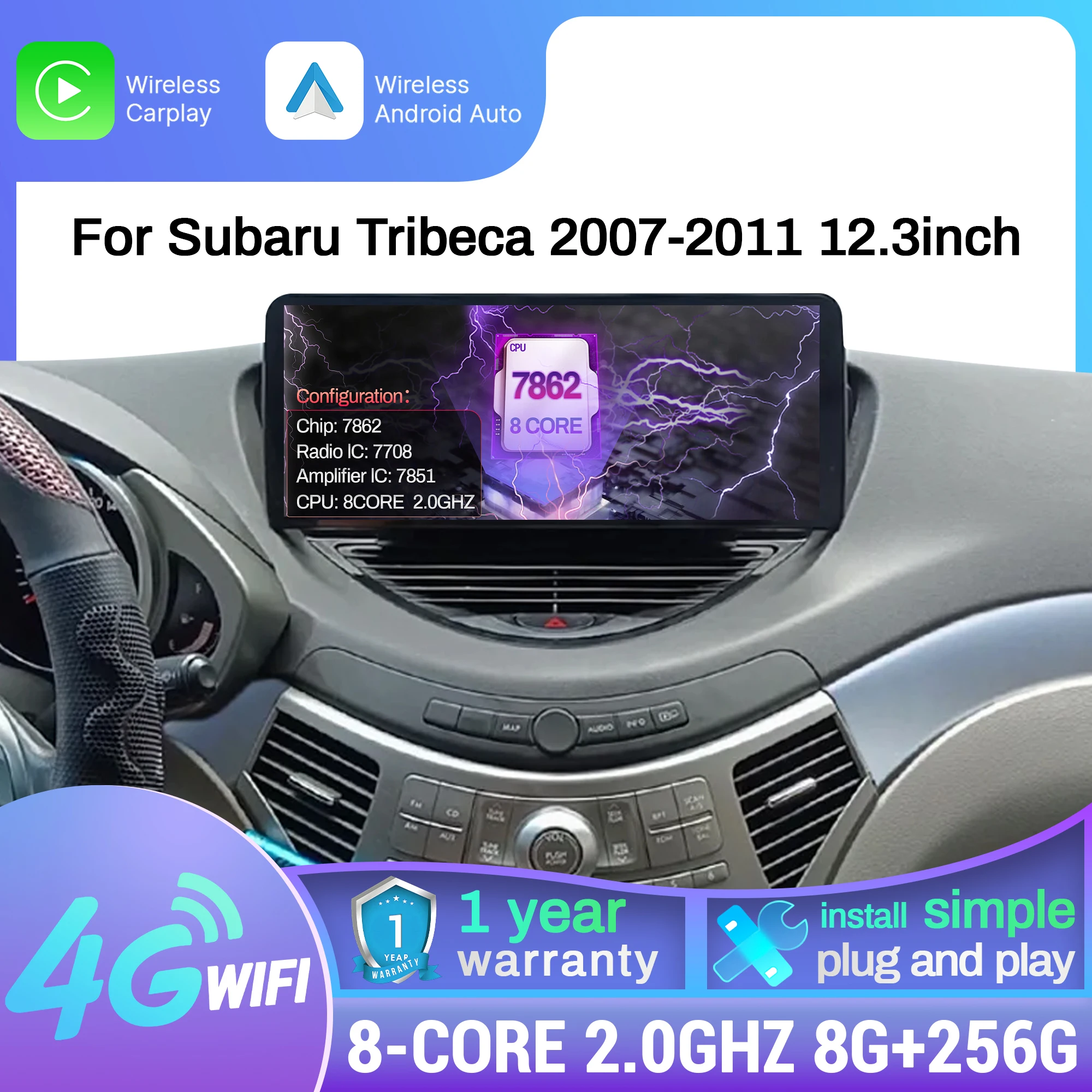 

12.3 Inch Car Radio Multimedia GPS for Subaru Tribeca 2007-2011 Android 14 BT CarPlay 4G Touch Screen Navigation