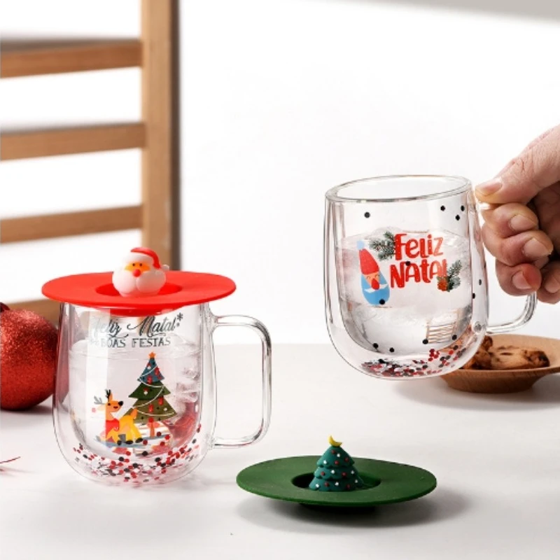 250 مللي كوب زجاجي معزول بطبقة مزدوجة سانتا شجرة عيد الميلاد كوب قهوة زجاجي أكواب عصير الحليب مع غطاء ومقبض هدية عيد الميلاد