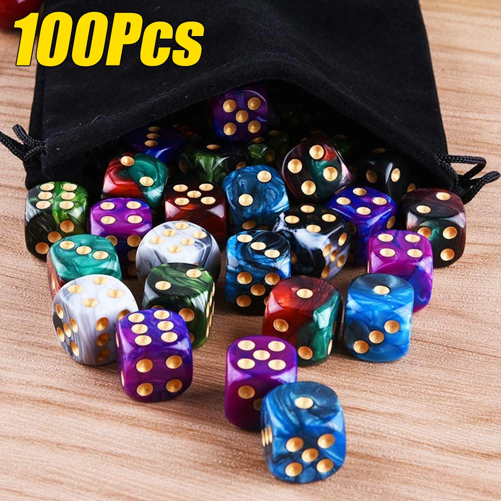 Juego de dados de 6 caras de 16 mm, 100/50/30/10 piezas, colores aleatorios, dados cuadrados D6 con esquinas redondeadas para juegos de rol, fiestas, juegos de mesa y enseñanza de matemáticas
