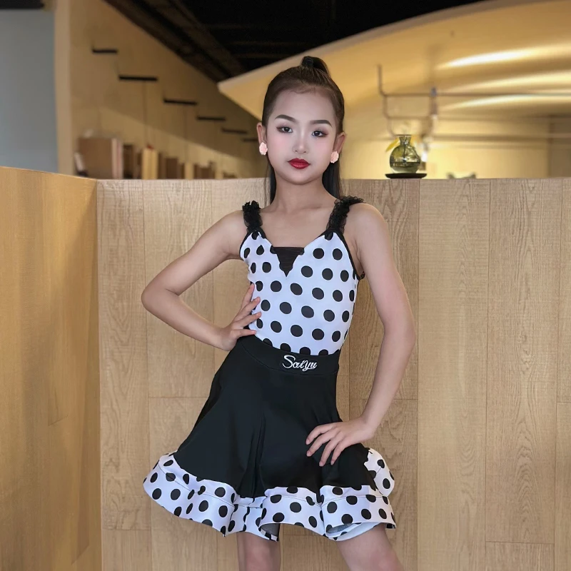 

3 Colors Girls Latin Dance Set Kids Performance Practice Costume Polka Dots Sling Bodysuit Skirt Suit Samba Tango Wear XH2247