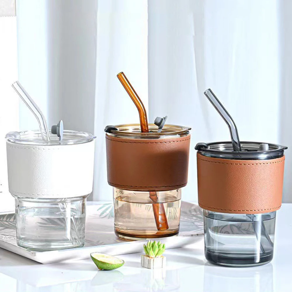 400mL Glass Cup Heat Resistant Glass Straw With Cover Coffee Cup Leak Proof Cup Tea Cup Leather Cup Set Tableware Mug