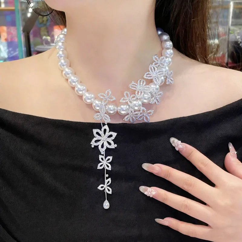 Bellux Banquet Party Necklace Charm Luxury Synthetic White Pearl 14mm Shell Beads 925 Silver Gold Plated Jewelry