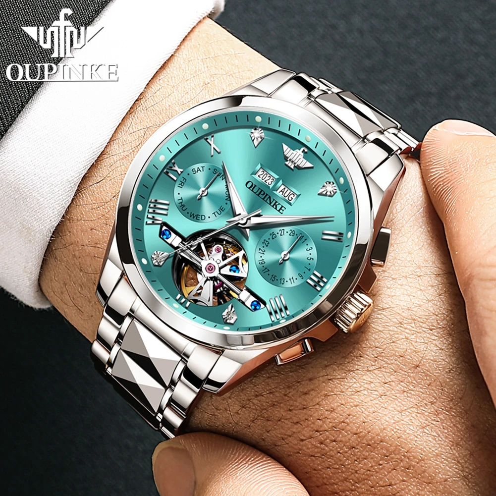 OUPINKE Top Brand Men\'s Watches Tungsten Steel Skeleton Automatic Mechanical Watch Hollow out Waterproof Original Wristwatch