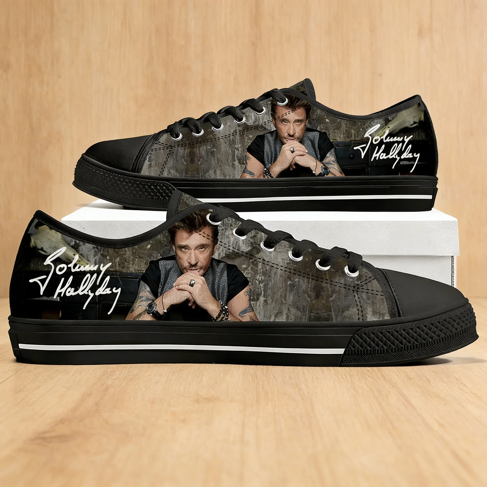 

Custom Johnny Hallyday Rock Singer Low Top Canvas Sneakers in POLYESTER for Men Women Casual Couple Footwear