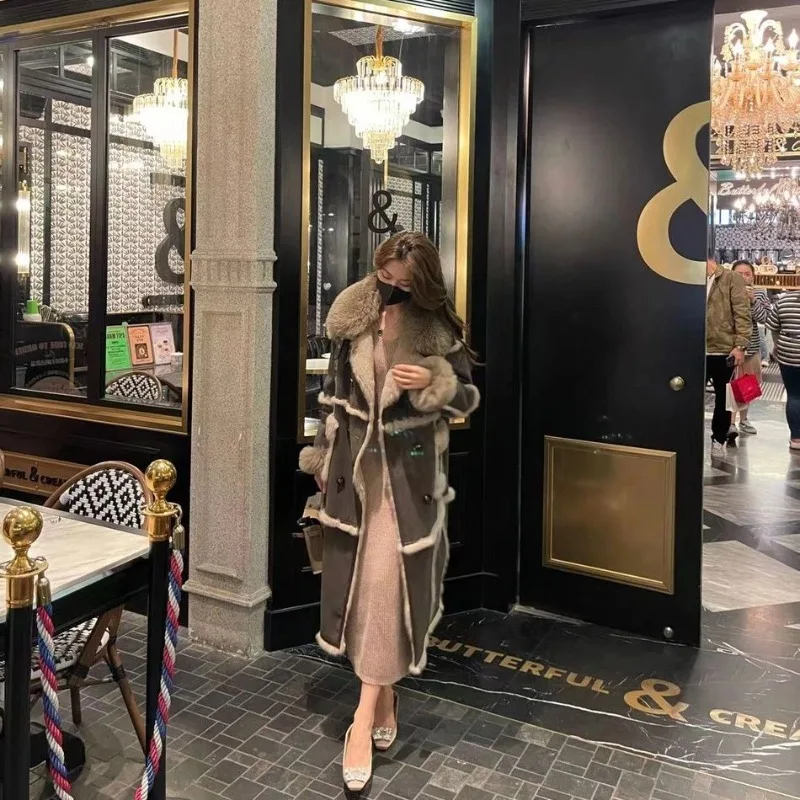 Faux fur trench coat thickened elegant fashion coat new winter style splicing warm medium and long coat, women's thickened top