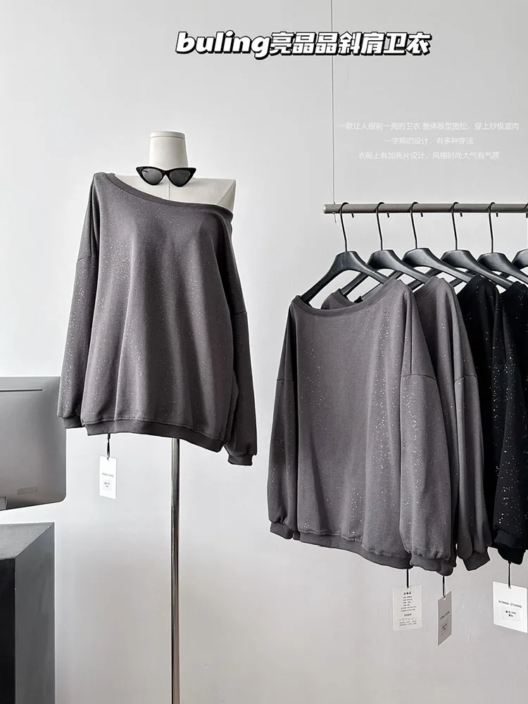 

Korean Style Solid New Design Loose Sweatshirt Women O-Neck Long Sleeve Sequins Pullovers Autumn 2024 Chic Casual Simple Hoodies