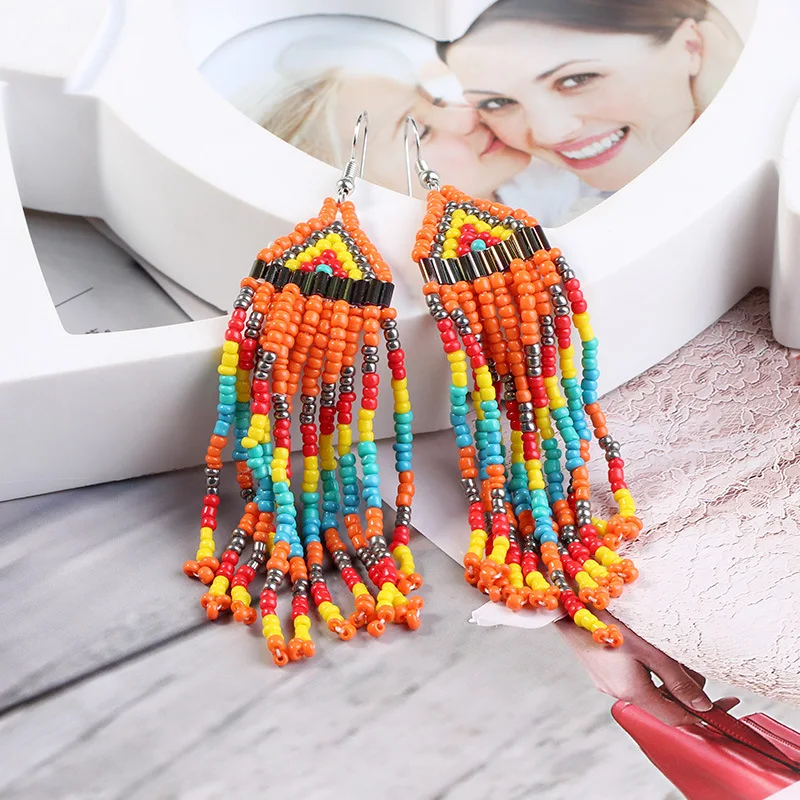 Kymyad Bohemian Beaded Drop Earrings Ethnic Long Earring Retro Handmade Beads  Earrings Tassel Chains Earings Fashion Jewelry