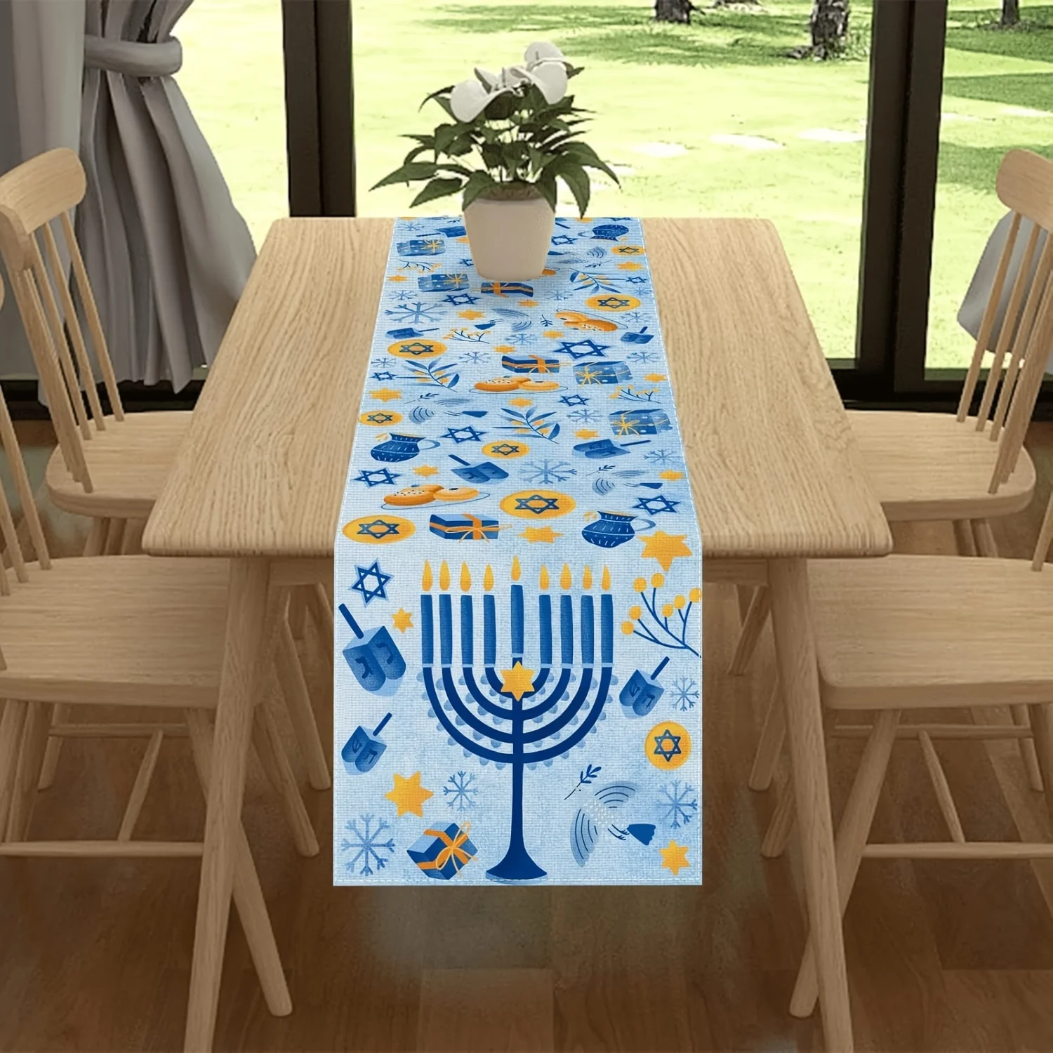 Blue Linen Hanukkah Table Runner Festive Menorah Dreidels & Stars of David Holiday Table Decor for Jewish Chanukah Celebrations