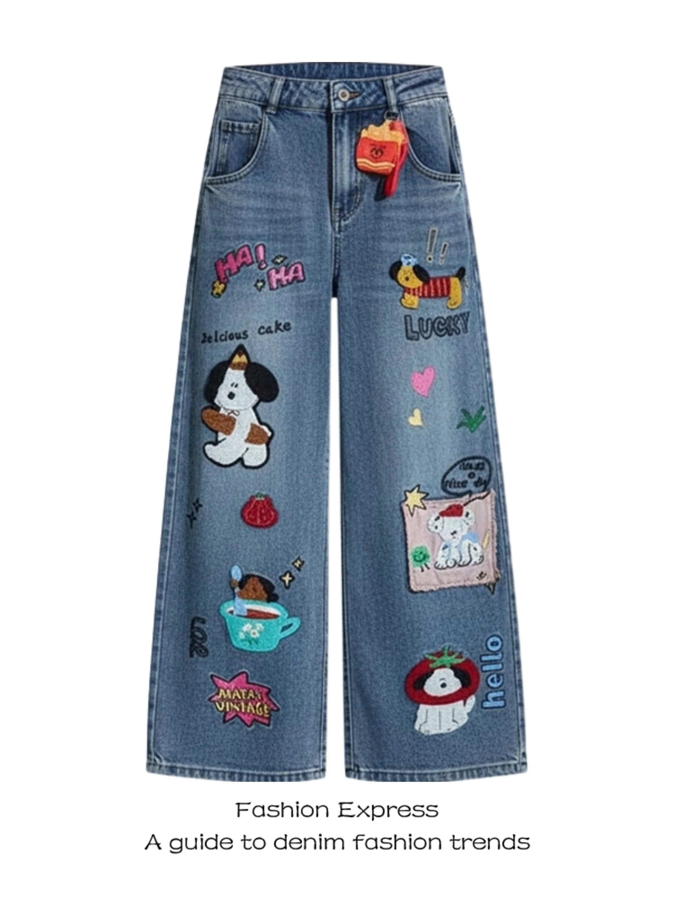 

Retro American Cartoon Dog Embroidery Denim Pants Women's Loose Wide Leg Jeans High Waist Casual Wear Resistant Pure Color