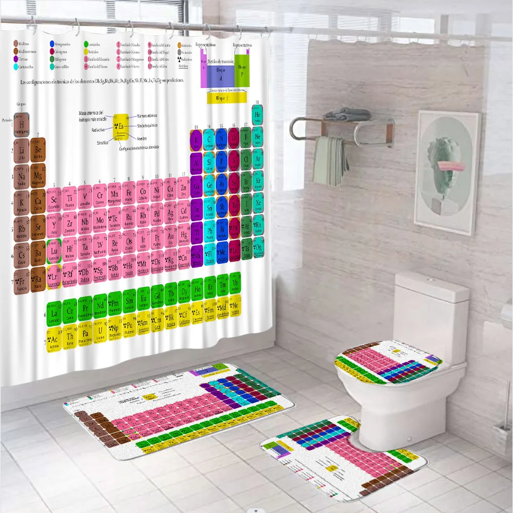 Periodic Table Of Elements Shower Curtain Sets Educate Study Art Bathroom Curtains Non-Slip Bath Mat Pedestal Rugs Toilet Covers