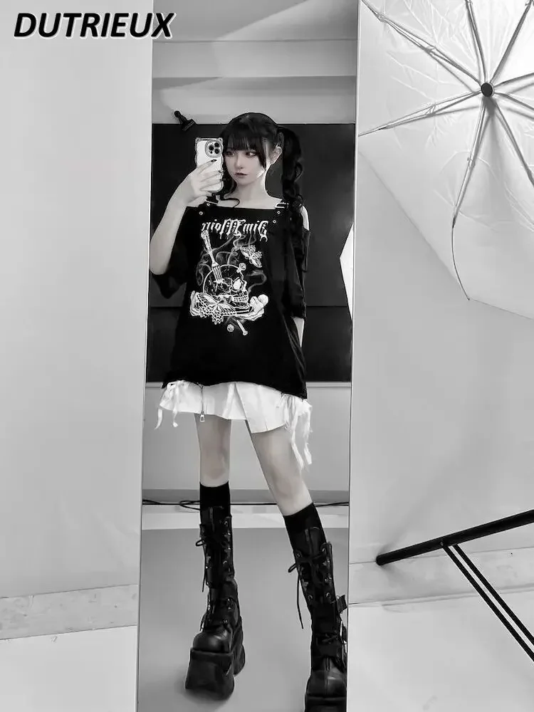 Summer Punk Goth Style Sexy Off-Shoulder Loose Straight Top Printed Ripped Short Sleeve Sweet Mid-Length T-shirt for Women