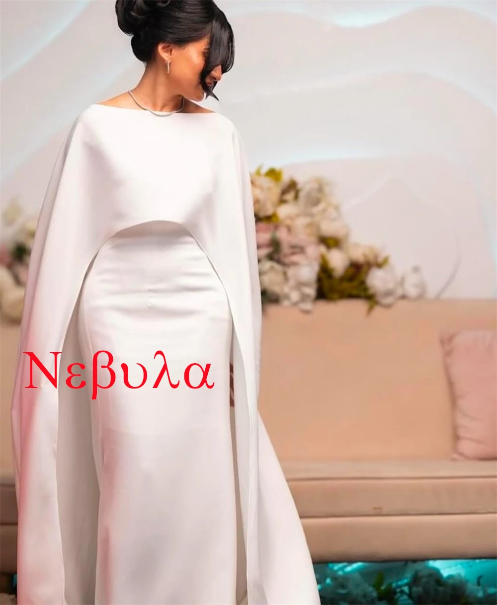 맞춤 제작된 고급스러운 화이트 새틴 웨딩드레스, 고품질 보트넥 숄 슬리브리스 채플 트레인 머메이드 브라이덜 가운