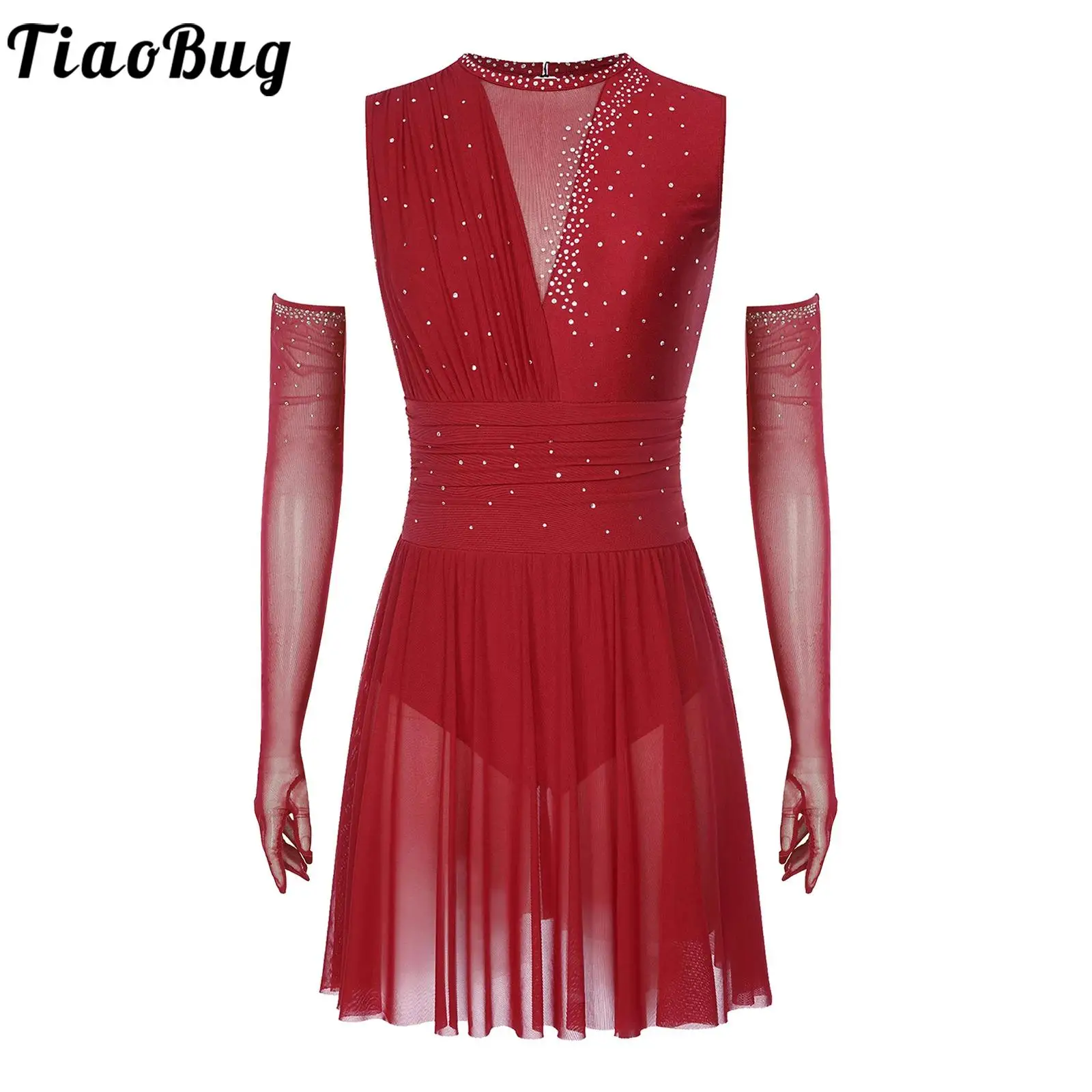 

Women Figure Skating Leotard Dress Set Modern Ballet Dancewear Sleeveless Sparkly Rhinestones Back Hollow Out Dress with Gloves