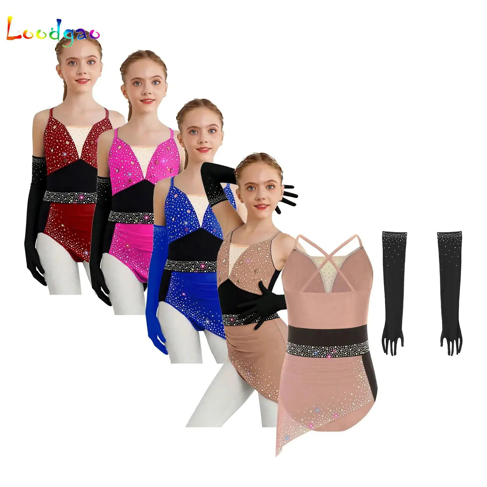 

Kids Girls Gymnastics Rhinestones Ruched Leotards Dress Gloves Artistic Figure Skating Ballet Lyrical Dance Performance Costume