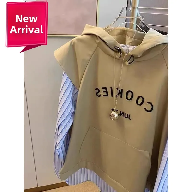 大きいサイズのパーカー、ロングスリーブ、レタープリント、レディース、フェイクツーピースデザイン、カジュアルで快適なポリエステル繊維、春秋