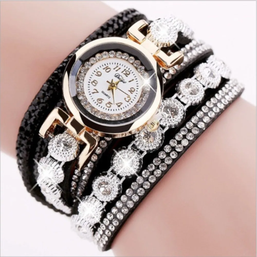 High Quality PU Leather Round Watch Quartz With Diamond Bracelet Watches Alloy Quartz Wrist Watches