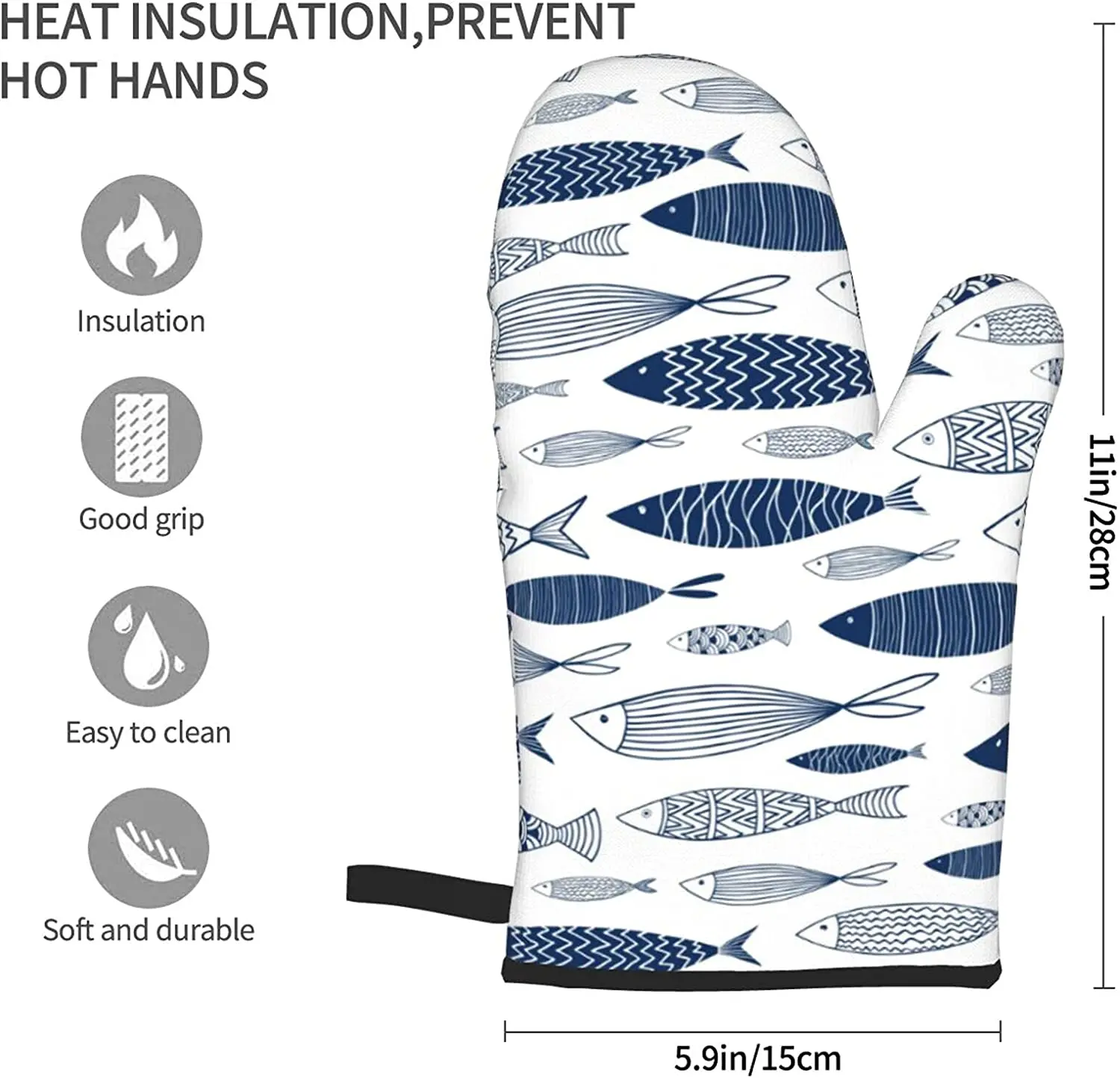 Blue Fishes Oven Mitts/Gloves 1 Pair, for Home Kitchen Cooking Baking BBQ for Women/Men