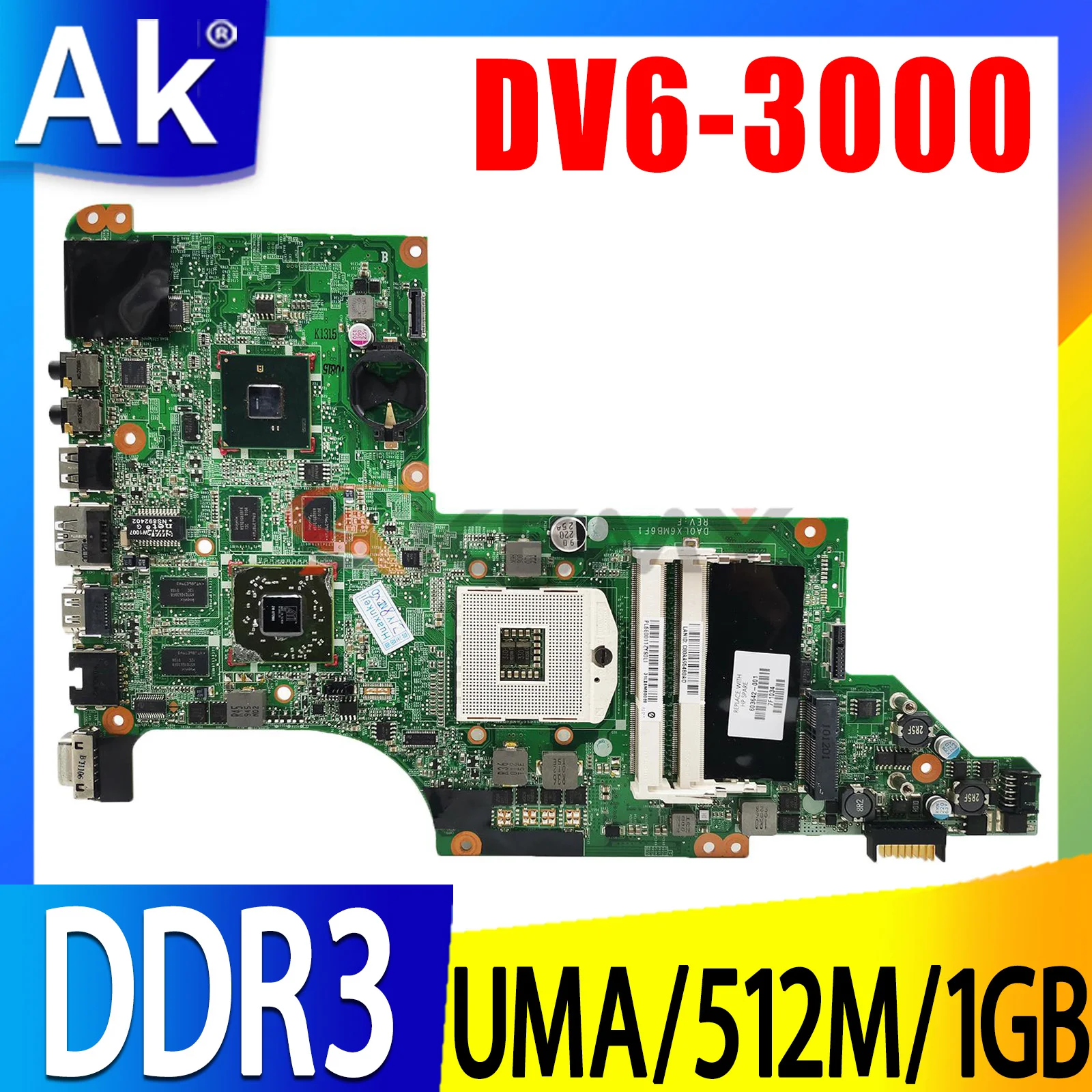 

615278-001 631044-001 615279-001 For HP Pavilion DV6 DV6-3000 Motherboard with 512M/1GB DA0LX6MB6G1 DA0LX6MB6F1 Use i3 i5