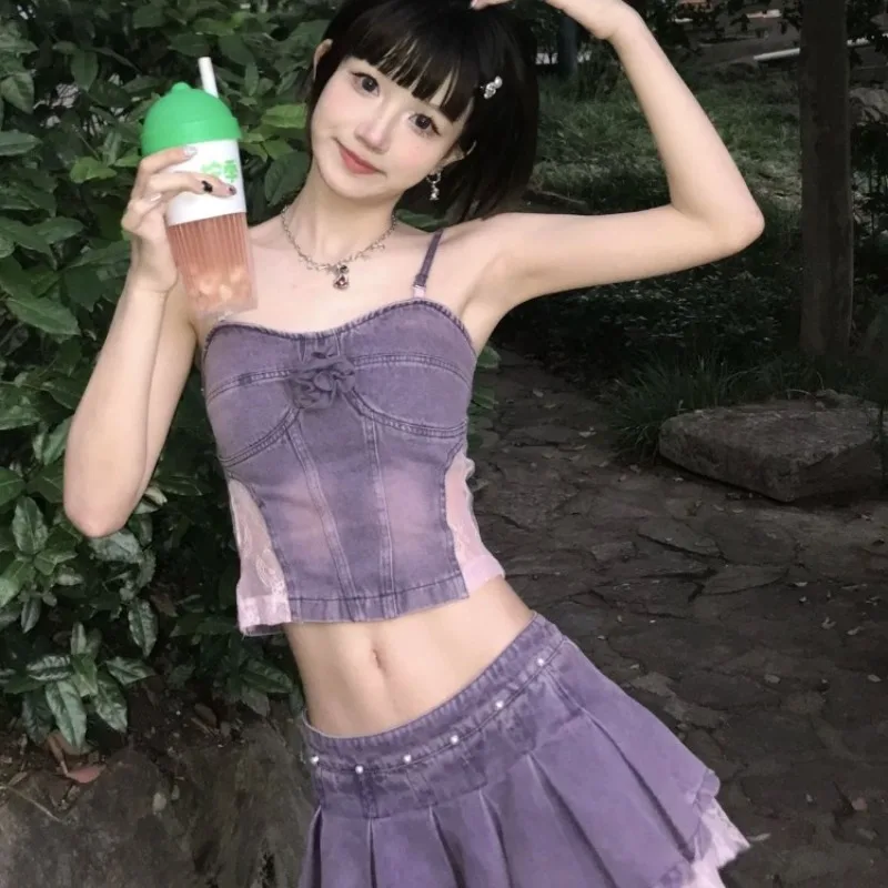 

Y2k Lace Patchwork Dyed Denim Strapless Vest+ High Waist Ruched A-line Skirts American Summer New Pink Purple Two Piece Sets