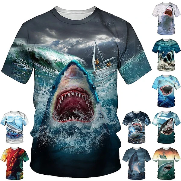 Unisex Fashion 3d Print T-shirt Cool Cartoon Shark Short Sleeve Tees Tops